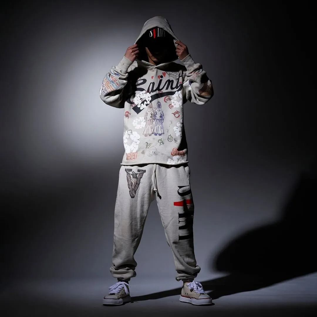 DENIM TEARS × ©SAINT M×××××× "SAINT TEARS" Graffiti Hoodie Joint Model Cotton Graffiti Hoodie Fully Printed Washed Distressed Holes Vintage Sweatshirt Gray S-XL Super Heavy Duty! The whole piece is printed with 35 screens and counterpoint printing!